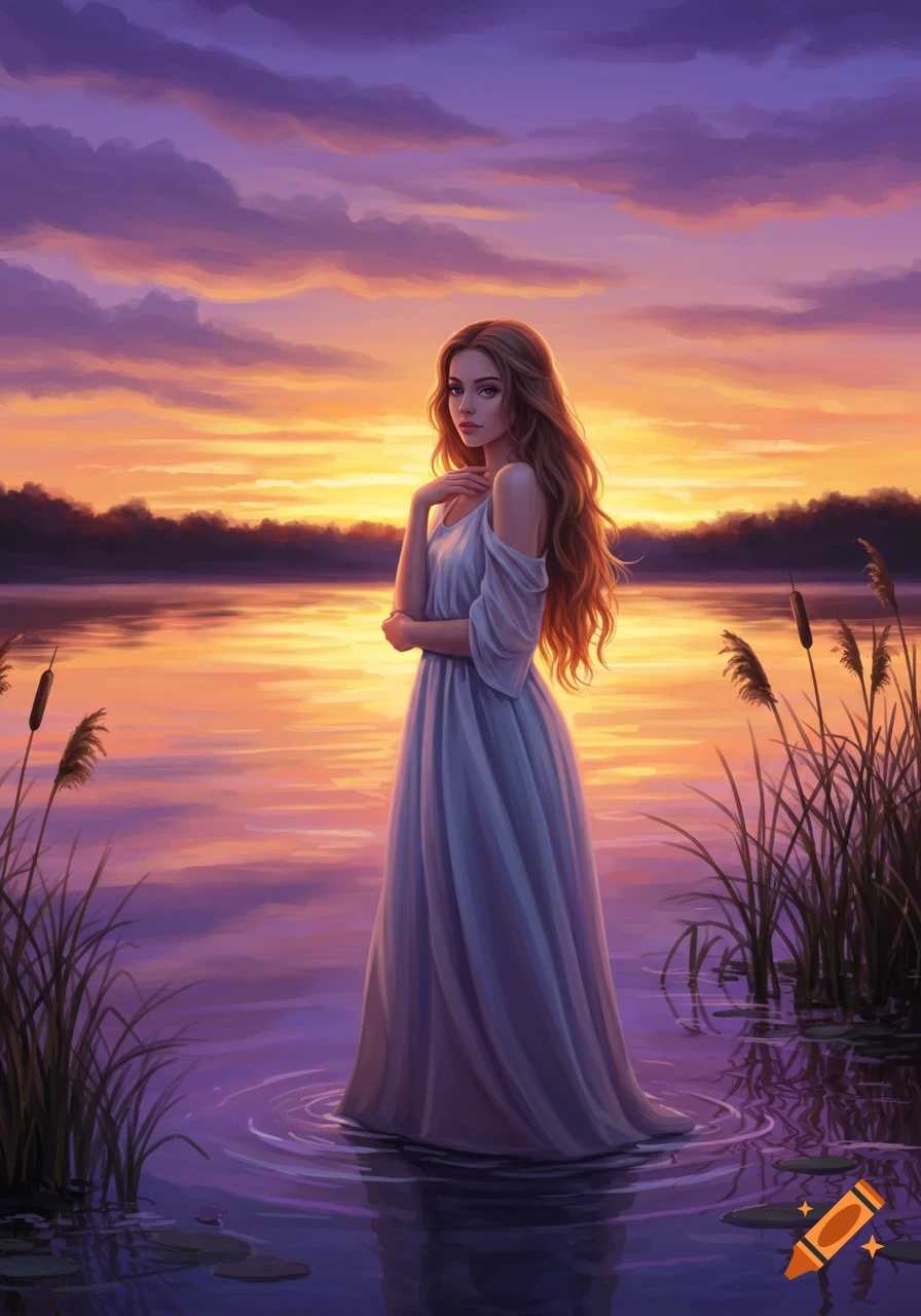 A young woman in a white dress stands in a calm lake at sunset, surrounded by reeds, in a vibrant digital painting.
