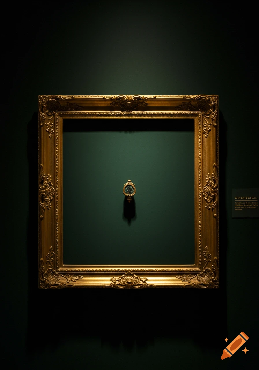 A decorative gold frame hanging on a dark green wall, with a small, intricate object displayed in the center.