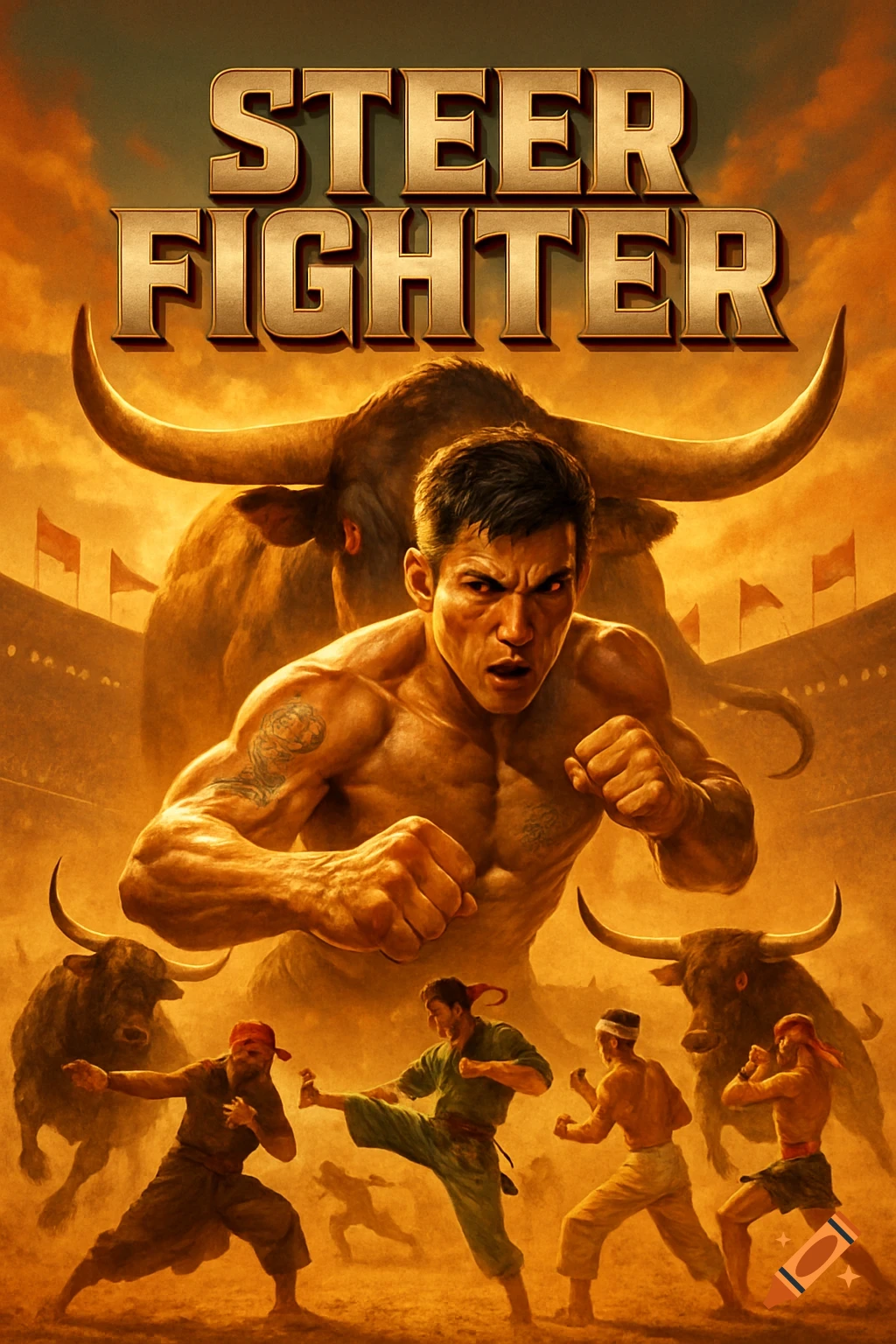 Movie poster for 'Steer Fighter' featuring a muscular fighter, a large bull, and other martial artists in an arena.