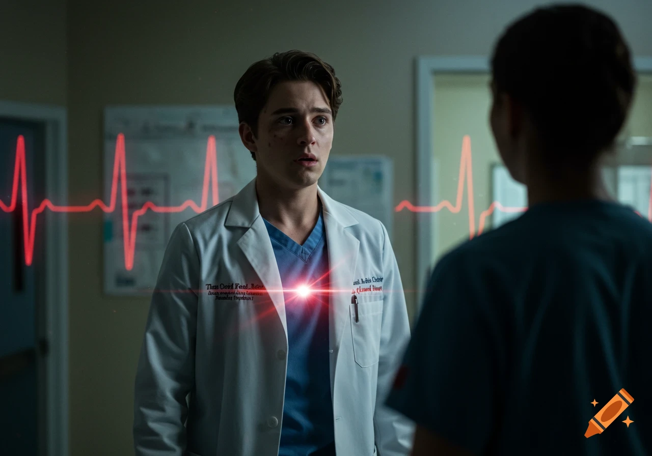 A young man in a white lab coat and blue scrubs stands in a hospital room, a red ECG line superimposed over his chest, looking concerned at another person (back to camera).