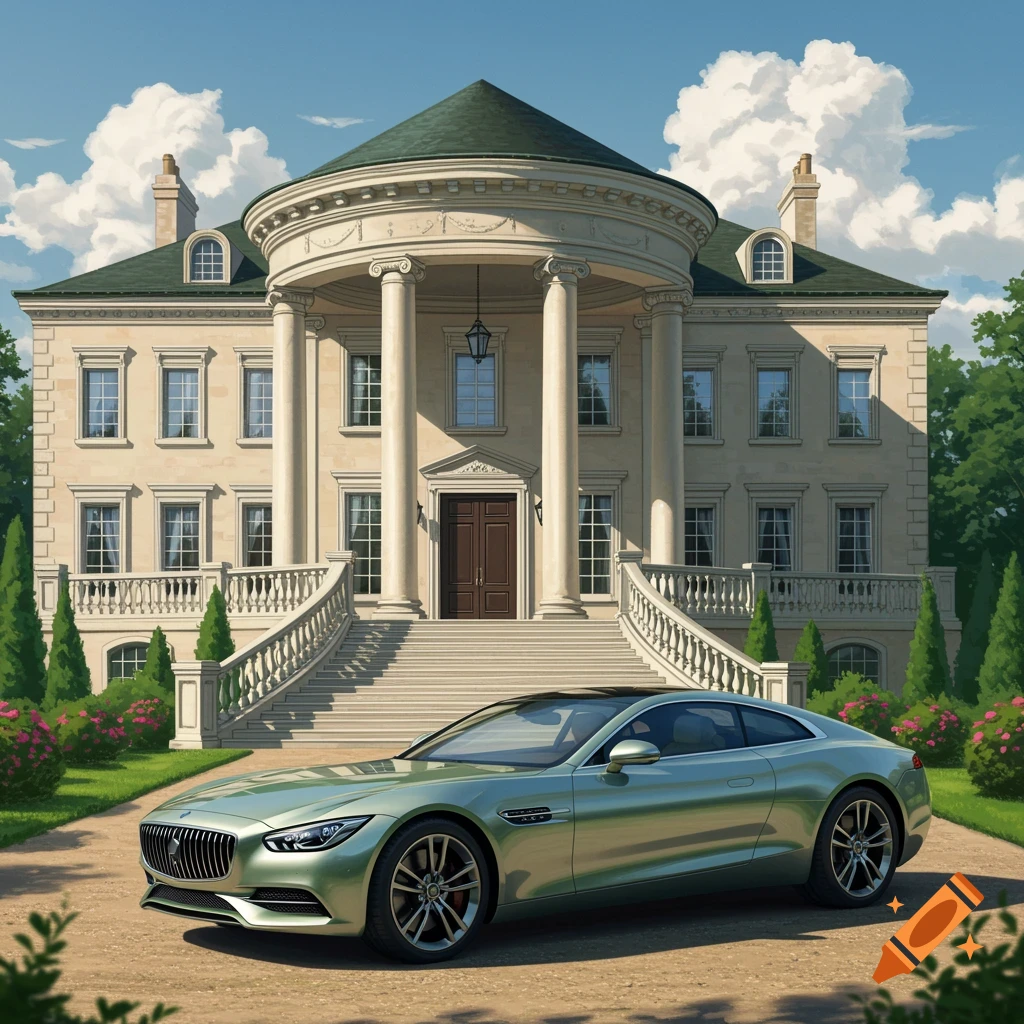 A sleek green luxury car parked on a gravel driveway in front of a grand, classical-style mansion with a circular entrance and large columns under a blue sky with clouds.