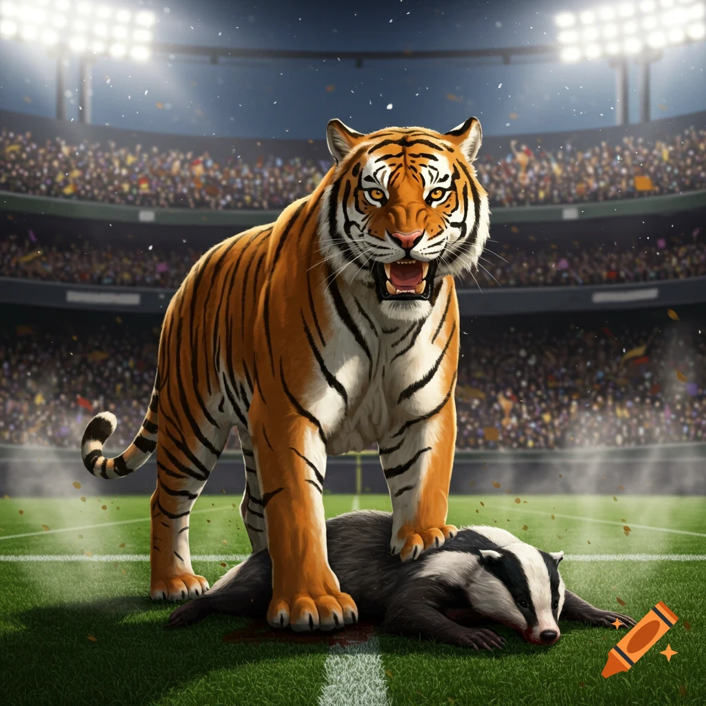 A fierce tiger stands over a defeated badger on a football field in a stadium, an intense illustration.