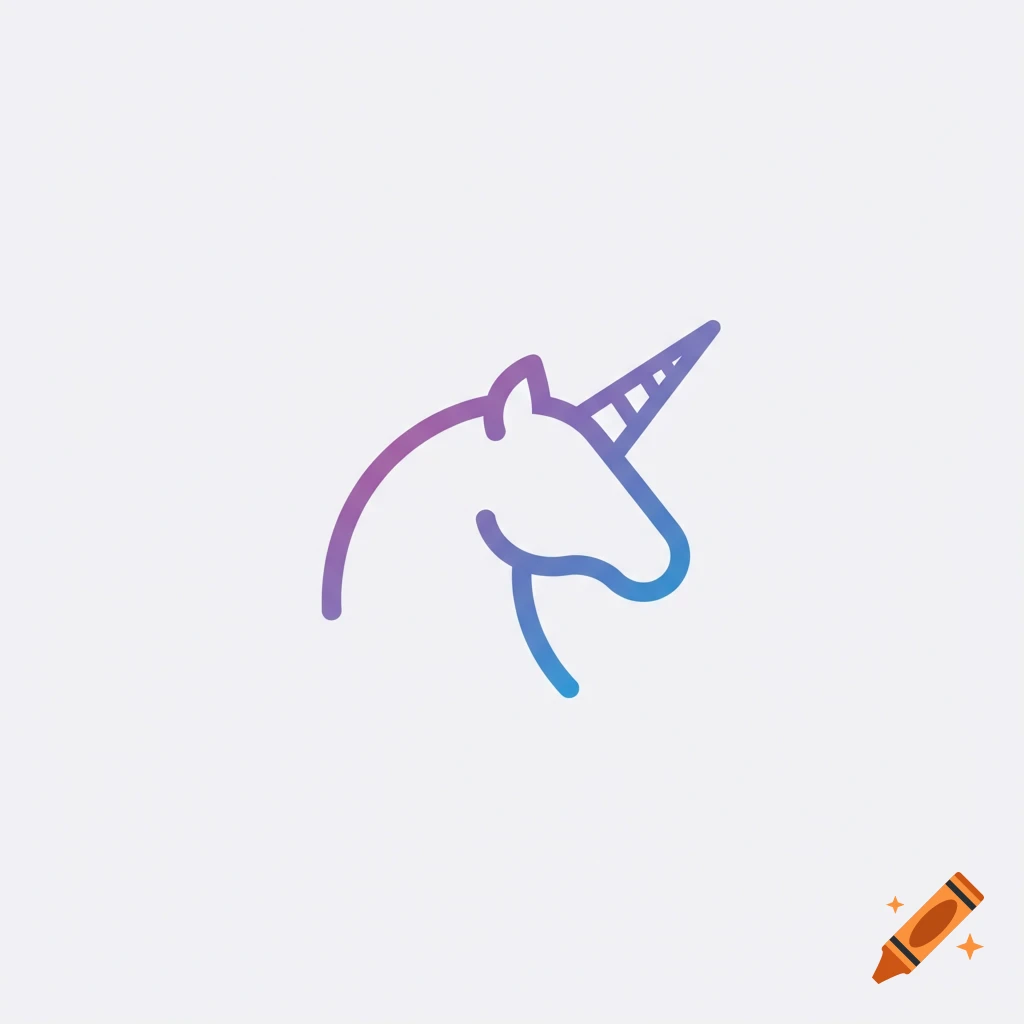 Minimalist line art icon of a unicorn head with a purple and blue gradient on a white background.