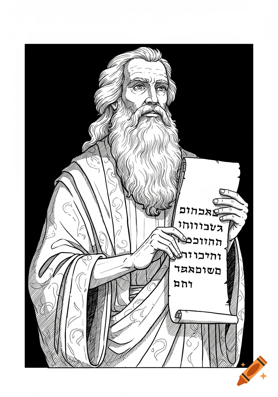 Line drawing of an old man with a long beard and robes holding an open scroll.