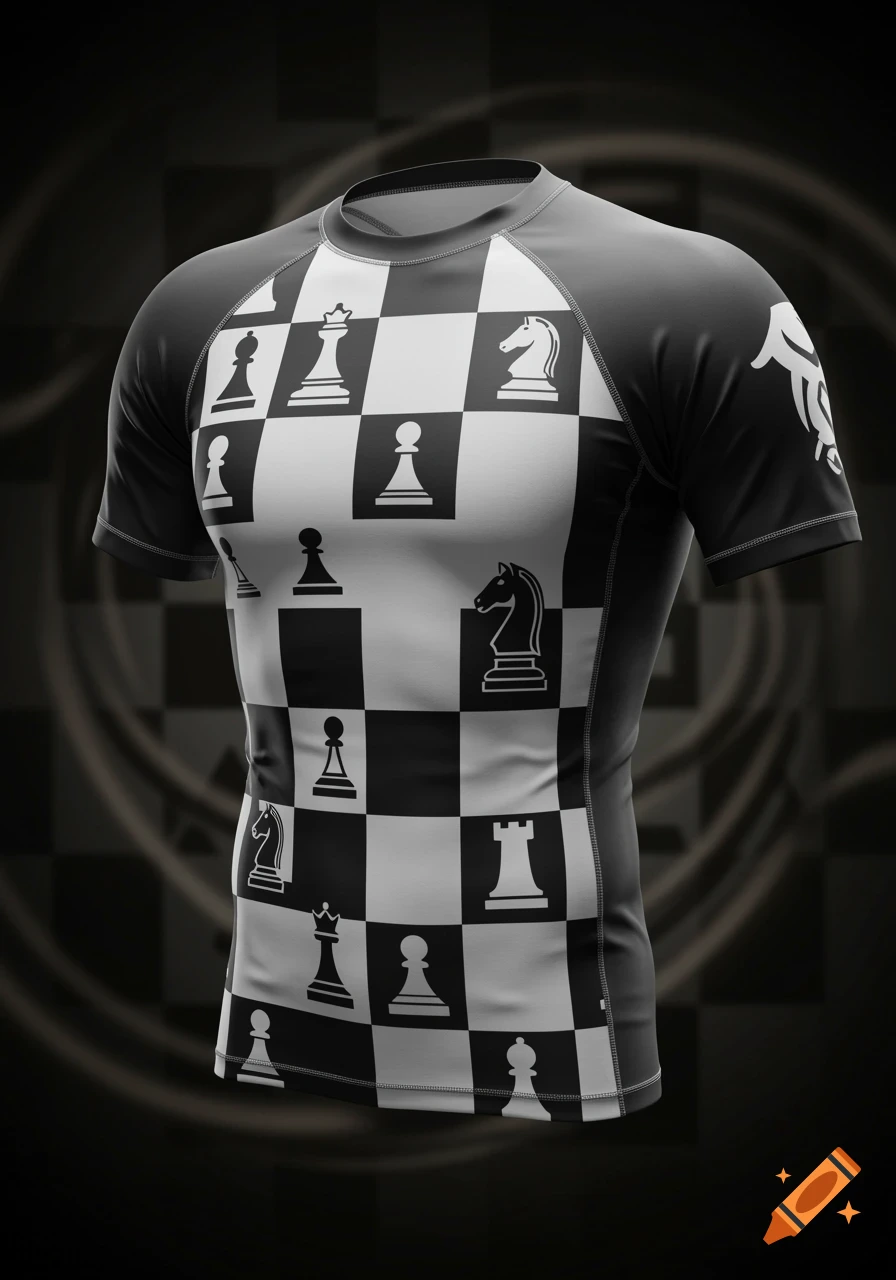 A black and white rashguard featuring a chessboard pattern with various chess pieces.