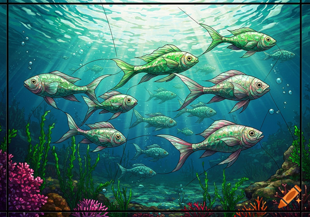 A group of green and pink fish with segmented bodies swim in a vibrant blue underwater scene, styled like stained glass artwork, with coral and plants below.