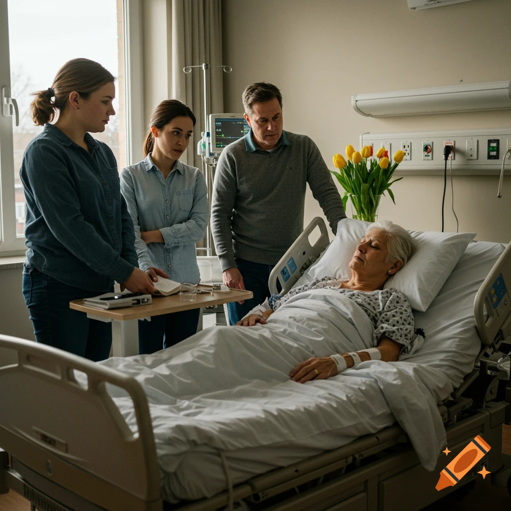 A family stands by an elderly patient's bedside in a hospital room, with yellow tulips nearby. Photorealistic style.
