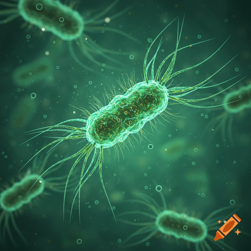 A close-up microscopic view of a green bacterium with numerous long, hair-like flagella extending from one end, set against a blurred green background.