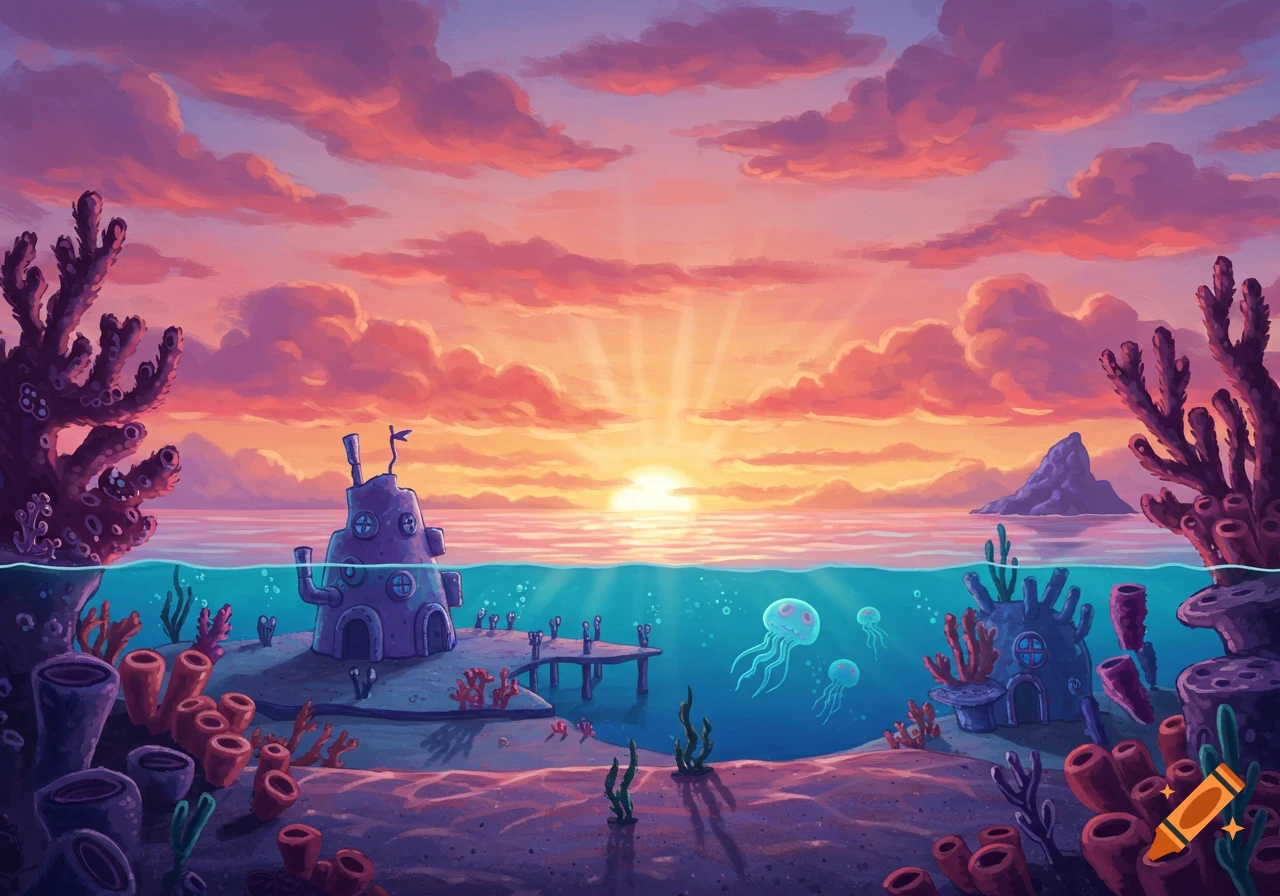 Vibrant cartoon landscape showing a sunset over an ocean with an underwater coral reef, jellyfish, and quirky submarine-like houses.