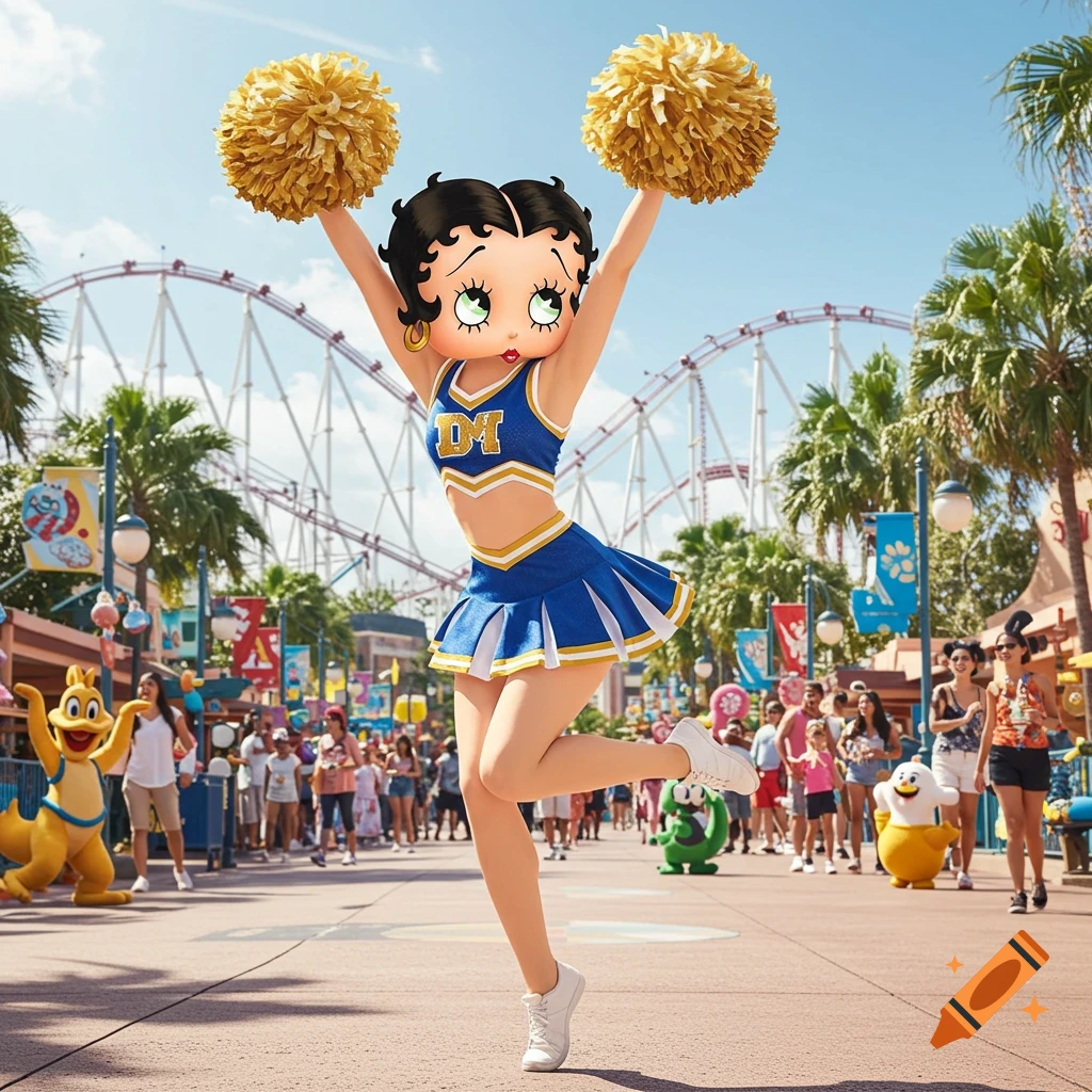Betty Boop as a cheerleader with gold pom-poms, jumping in a blue uniform at a sunny amusement park.