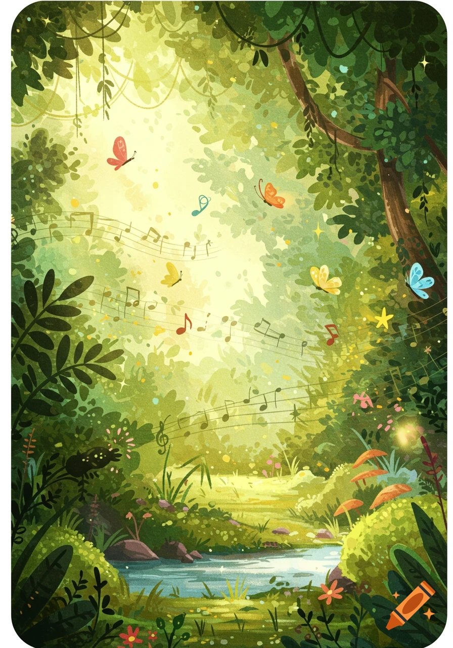 A whimsical illustration of a sun-dappled forest with musical notes floating around colorful butterflies and a flowing stream.