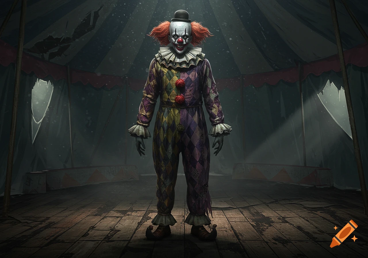 A creepy clown with red hair and a harlequin suit stands in a dark, abandoned circus tent.