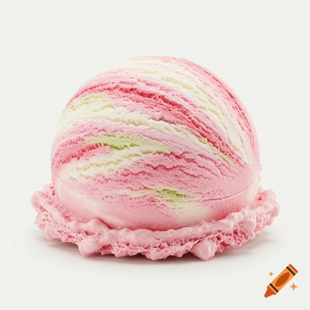Photorealistic scoop of pink, white, and green swirled ice cream on a plain white background.