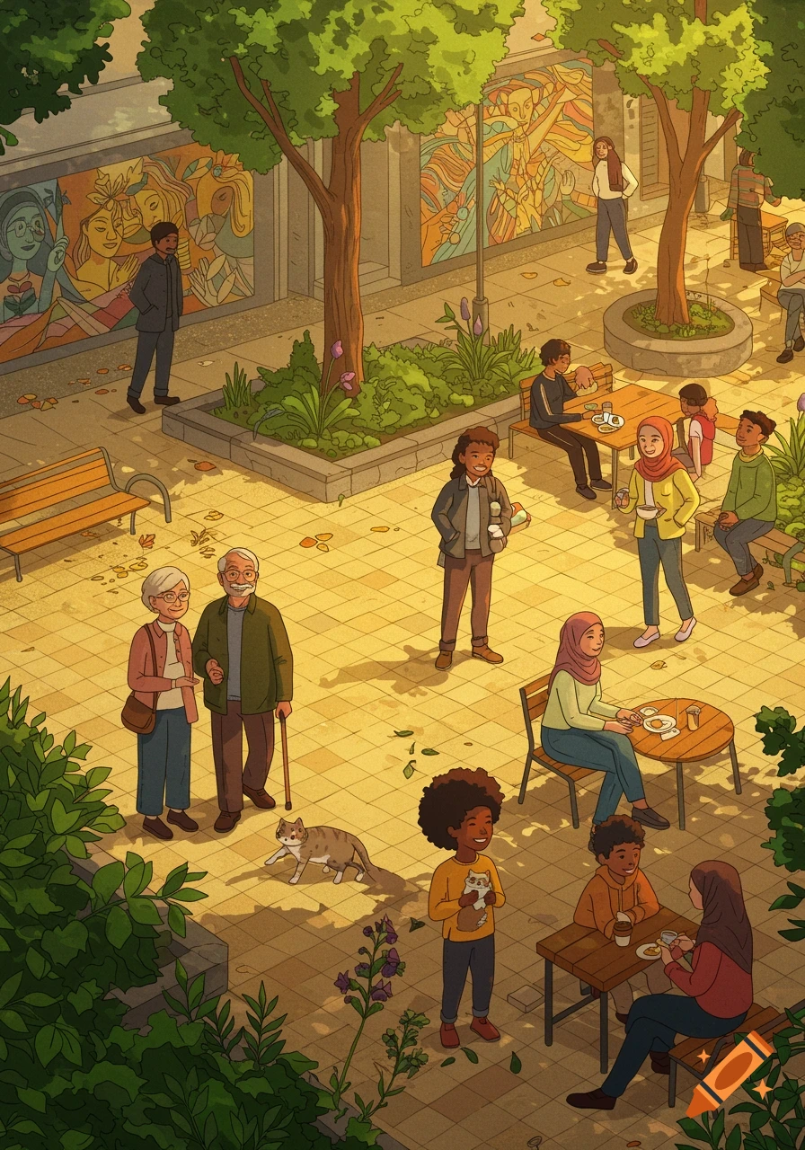 Stylized illustration of a diverse community in an outdoor urban courtyard with murals, trees, and cafes. People socialize, walk, and a cat strolls.