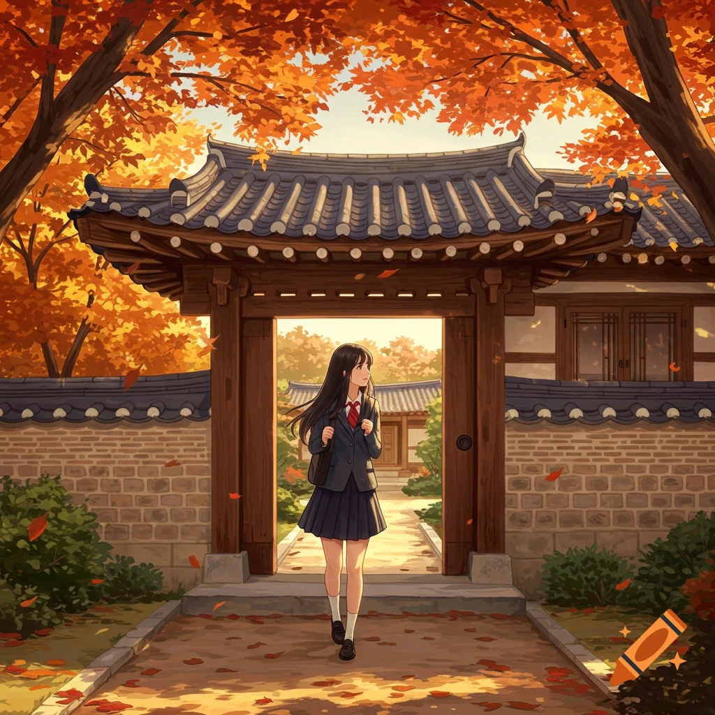 An anime girl in a school uniform walks through a traditional Korean gate surrounded by autumn foliage.