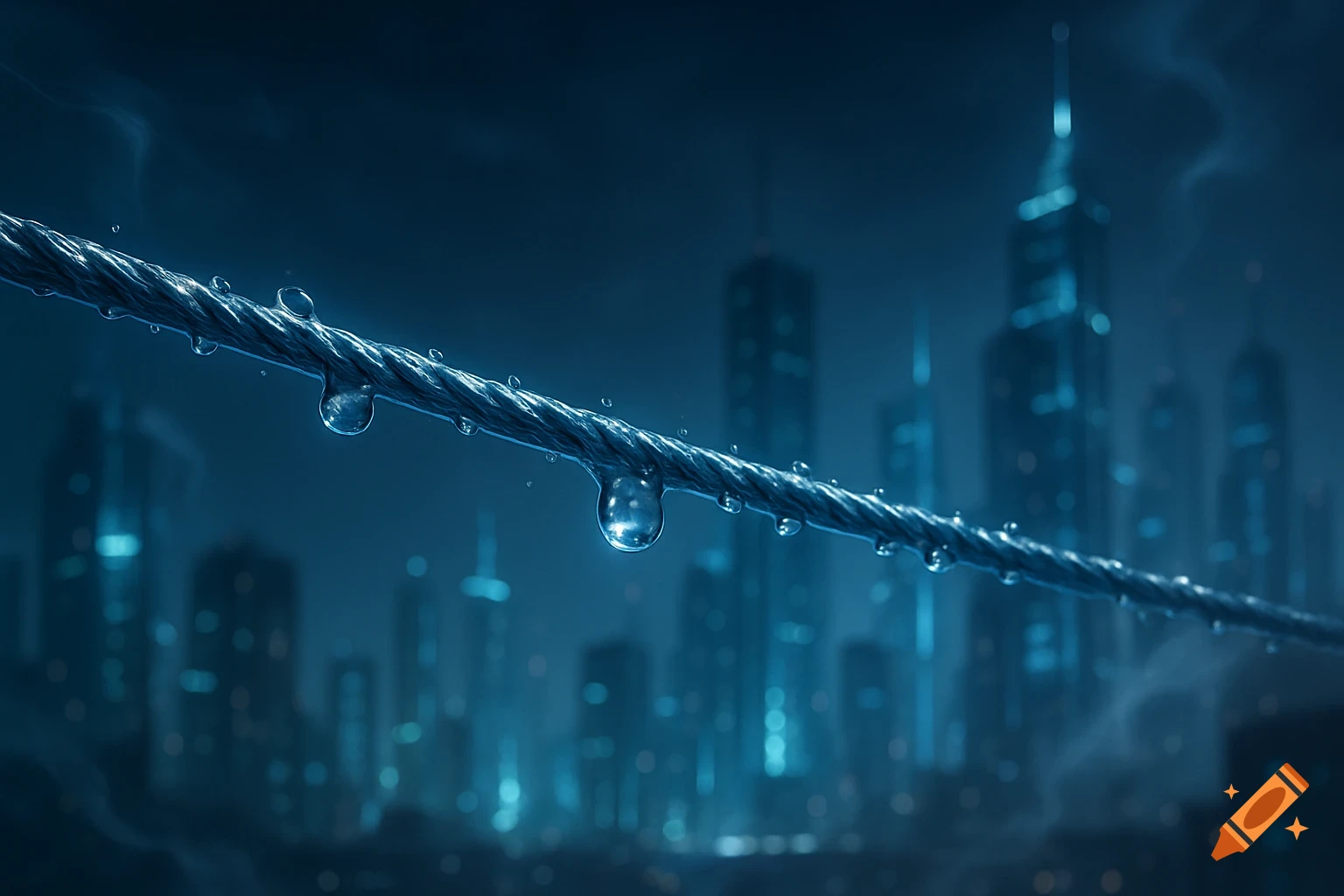 Close-up of a wet wire or cable with water droplets, set against a blurred background of a blue-hued city skyline at night.