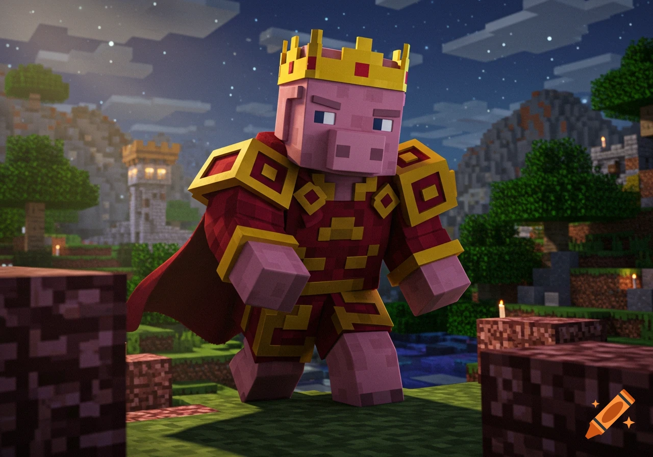 A blocky pig-like character wearing a red and gold crown and armor, standing in a Minecraft-style landscape at night under a starry sky.