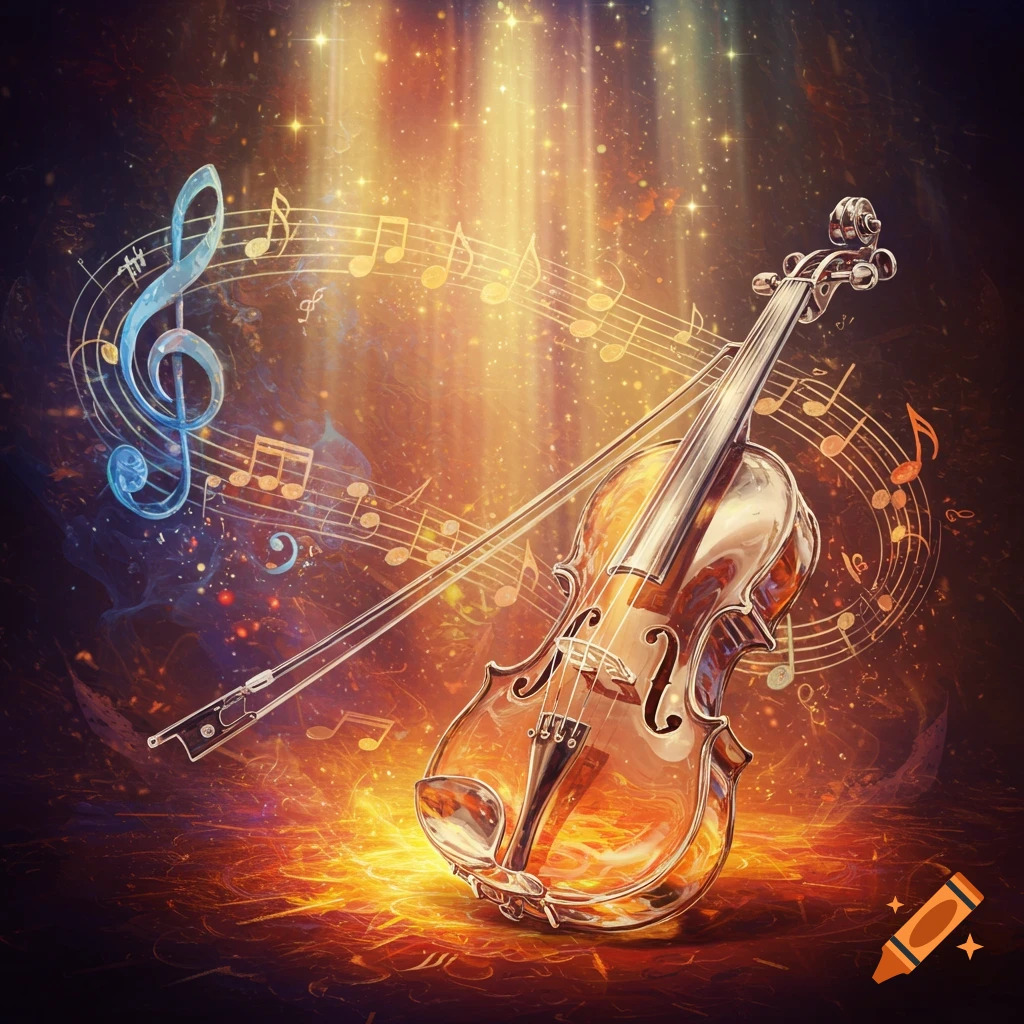 A glowing violin and bow surrounded by shimmering musical notes and a blue treble clef against a dark, fiery background.
