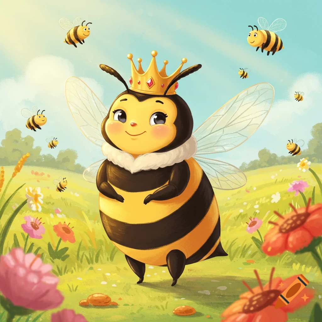 A cartoon queen bee with a gold crown stands in a sunny field of flowers, with other bees flying around.