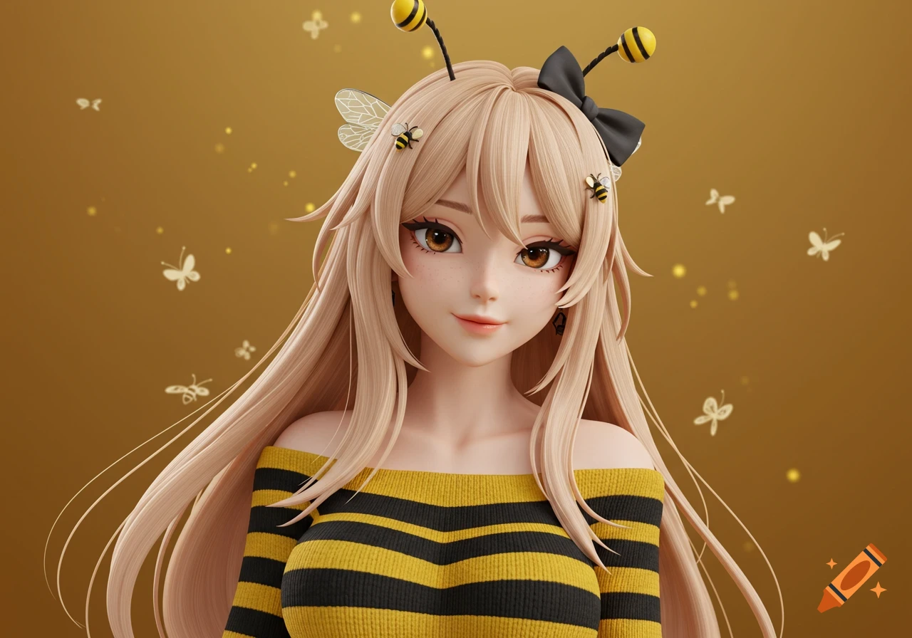 A 3D rendered anime girl with long blonde hair, bee antennas, and a black and yellow striped sweater smiles at the camera.