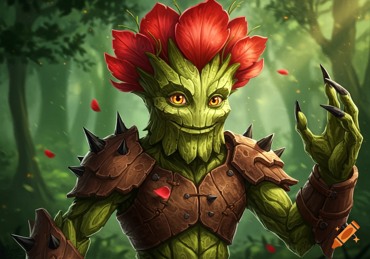 A realistic fantasy portrait of a green plant humanoid warrior with a red flower head, glowing amber eyes, thorns, and brown leather armor in a forest.