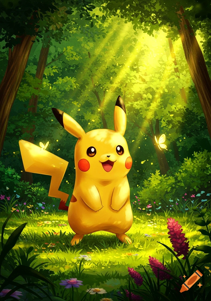 A cute yellow Pikachu stands in a vibrant green forest, bathed in sunlight, with a small butterfly fluttering near its tail.