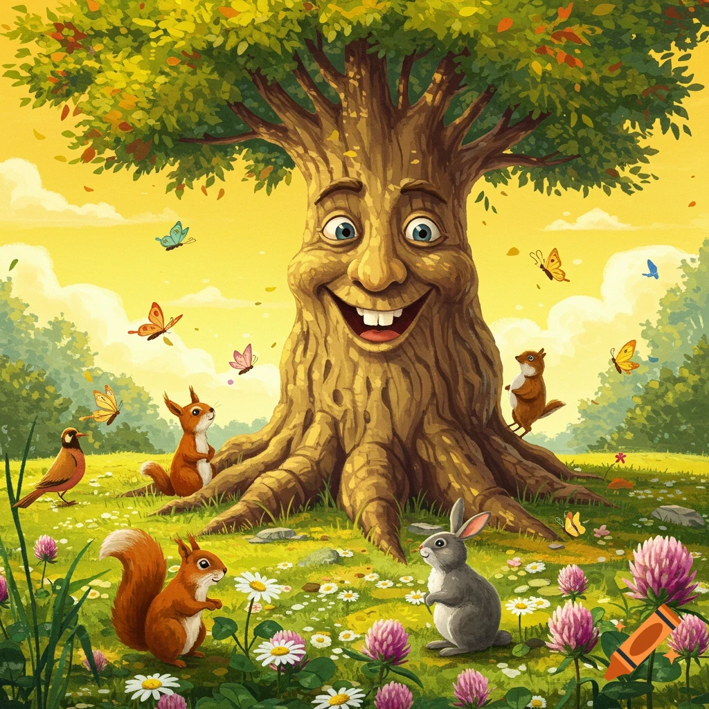 A smiling, anthropomorphic tree in a sunny meadow with squirrels, a rabbit, a bird, and butterflies. Cartoon style.