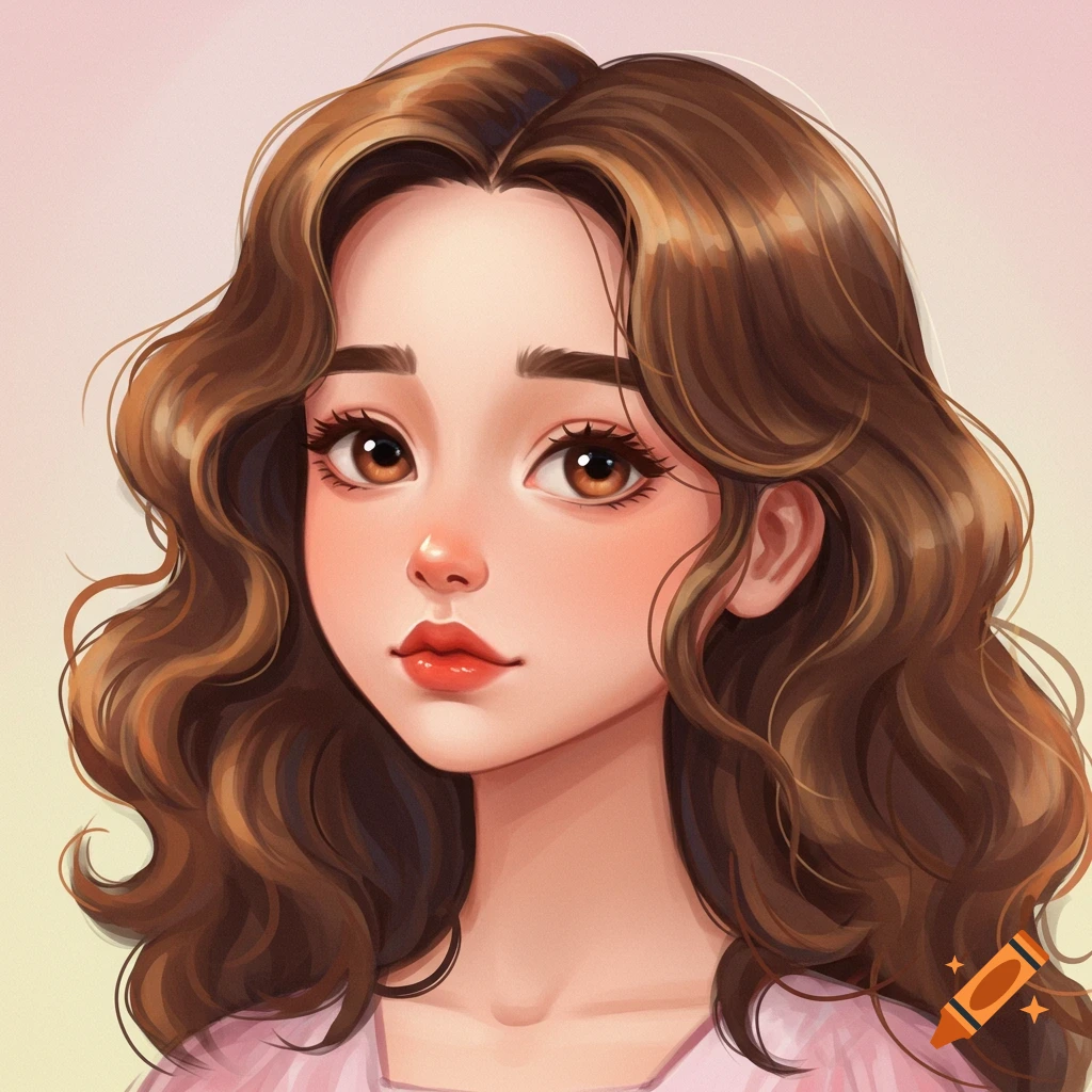 Cartoon style portrait of a girl with long wavy brown hair and brown eyes.