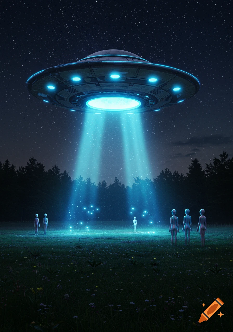 A photorealistic image of a large UFO hovering over a dark field at night, casting blue beams of light on several grey aliens standing on the ground.