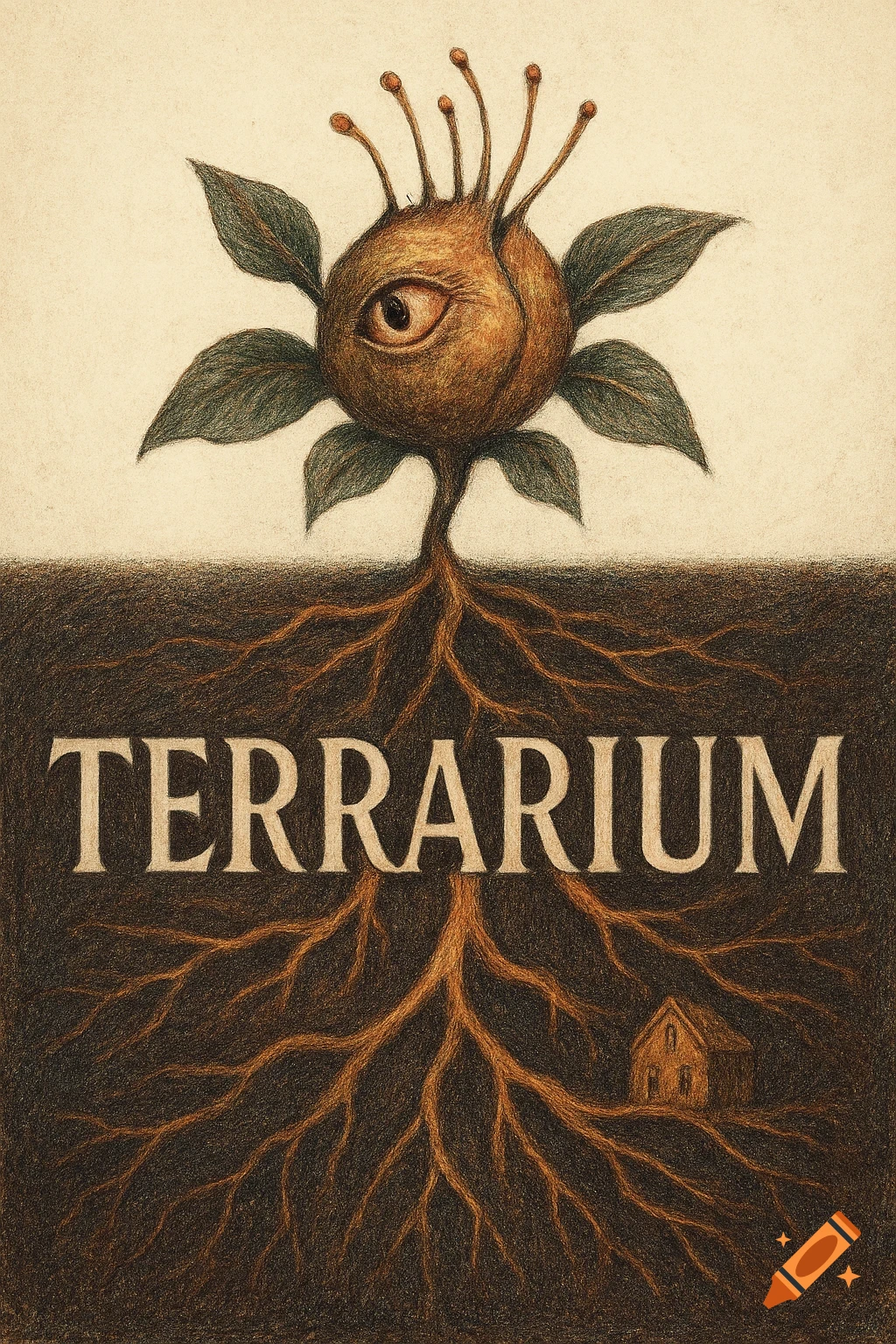 A gritty, colored pencil illustration of an alien fruit with an eye, its roots forming the title 'TERRARIUM' with a tiny house.