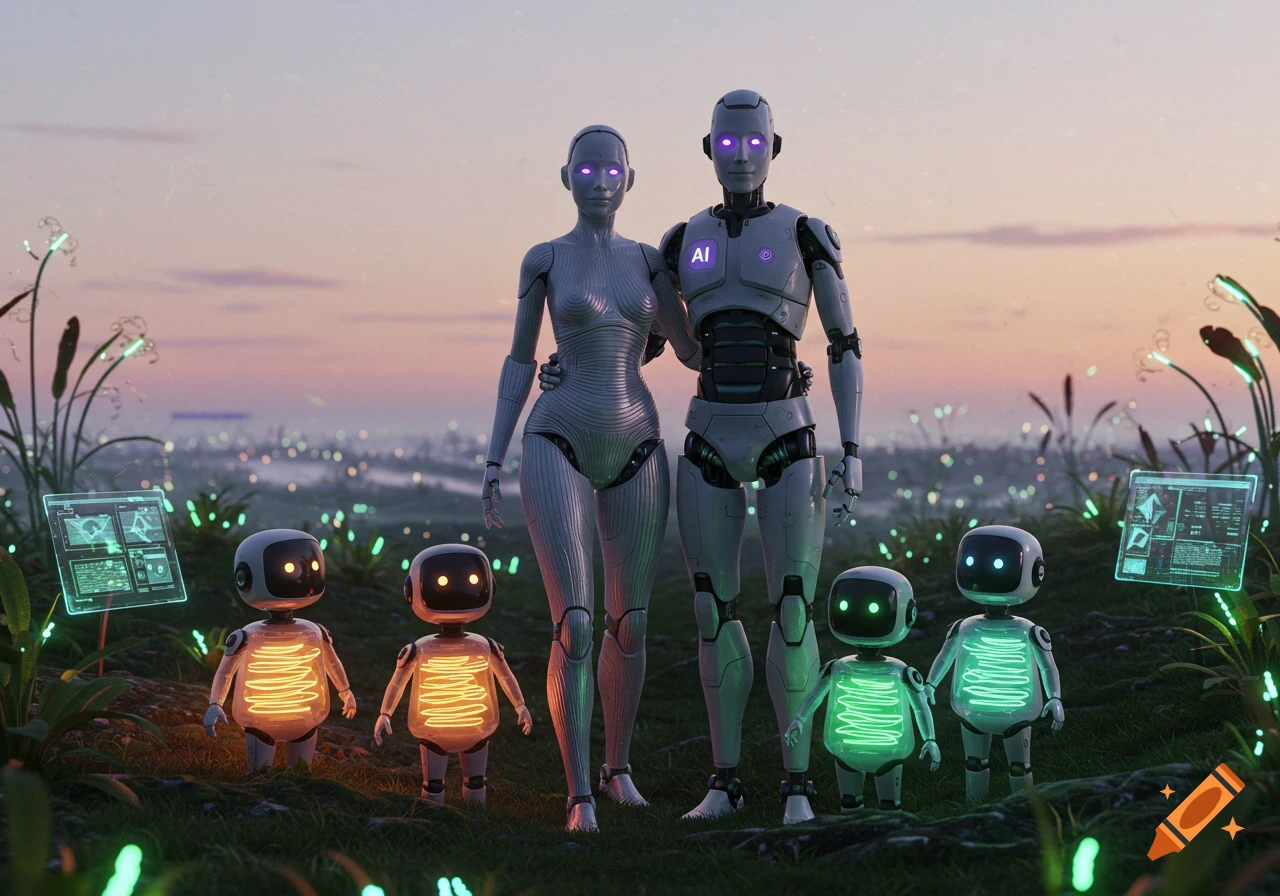 A futuristic scene features a robot family, with adult robots resembling a human couple and four smaller, glowing child robots, set against a sunset backdrop with ethereal flora and floating screens.