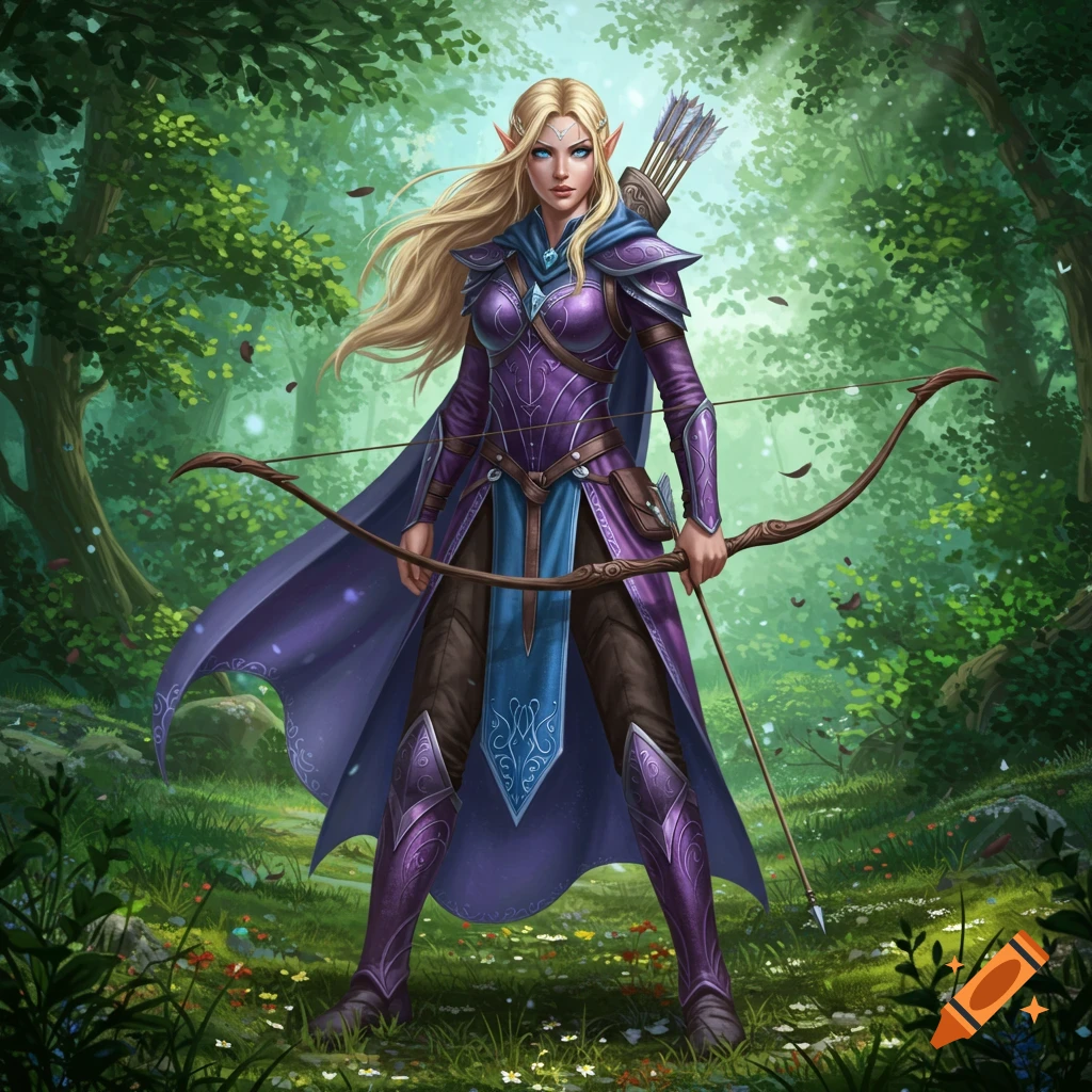A blonde female elf in purple and blue armor stands in a sunlit forest, holding a bow and carrying a quiver of arrows.