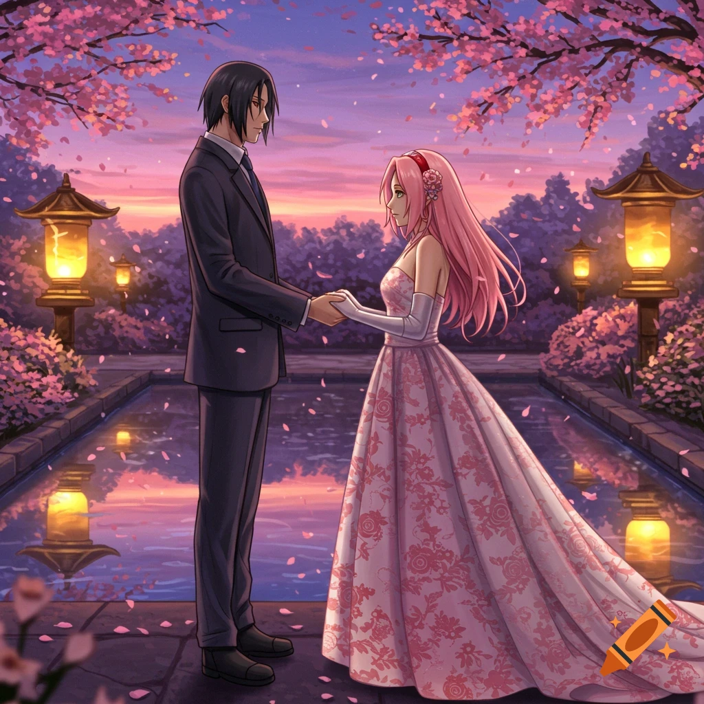 Anime illustration of Itachi Uchiha and Sakura Haruno holding hands at their wedding under cherry blossoms at sunset.