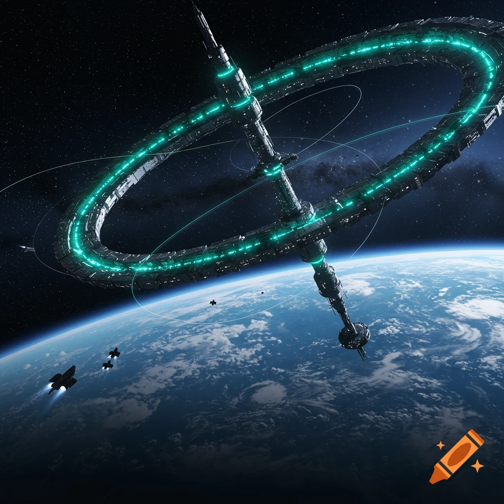 A vast, glowing teal space station with a large ring structure orbits Earth with small spacecraft flying nearby.