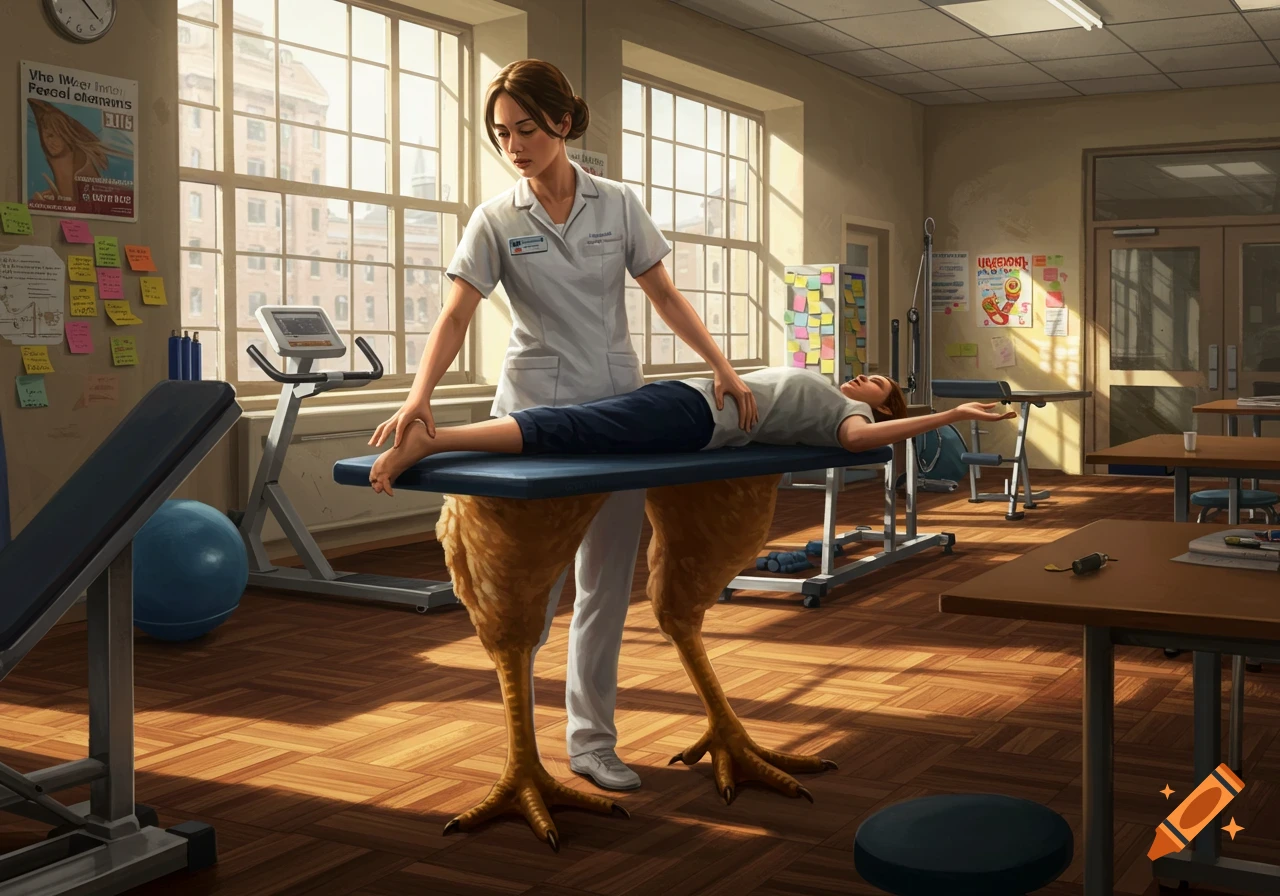 A physical therapist assistant with chicken legs helps a patient on an examination table in a sunlit physical therapy room.
