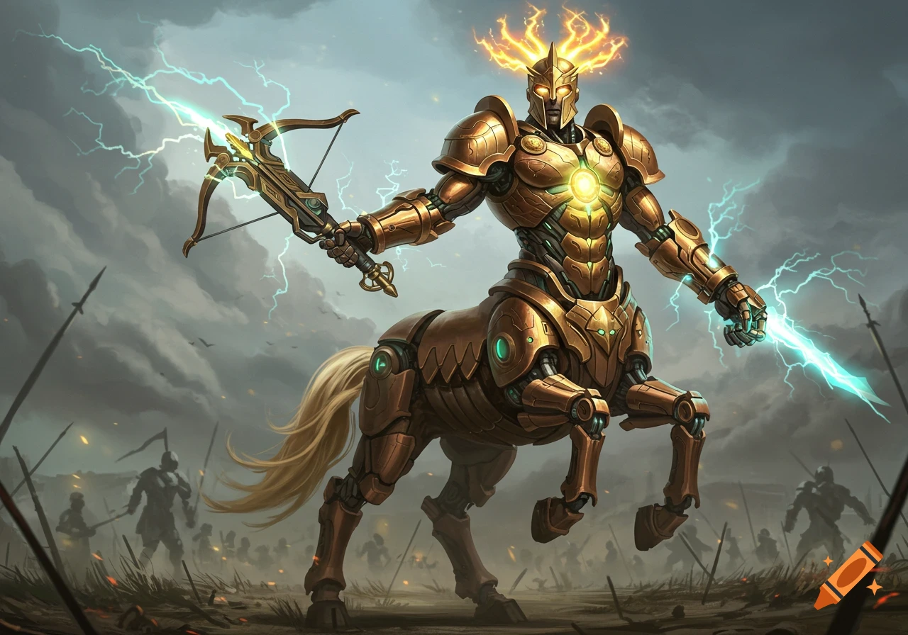 A golden armored robotic centaur warrior with glowing energy wields a crossbow and a lightning bolt on a stormy battlefield.