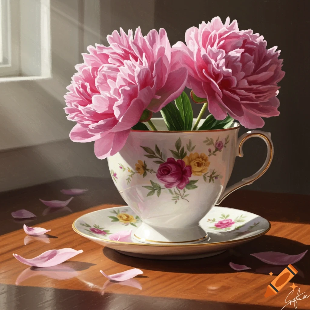 Painting of pink peonies in a floral teacup and saucer on a sunlit wooden table, with scattered petals.