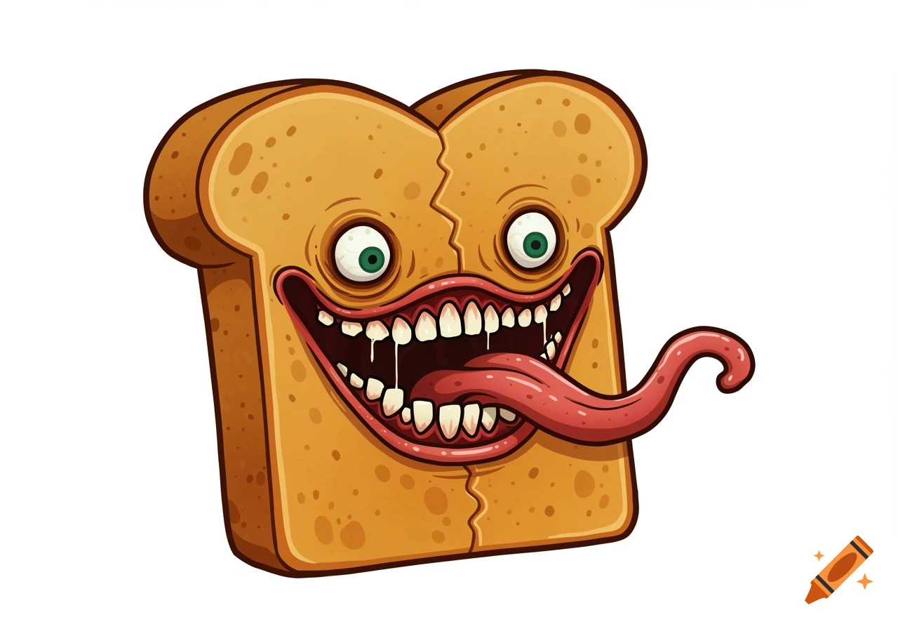 A cartoon creepy monster toast with a split face, sharp teeth, bulging green eyes, and a long red tongue sticking out, on a white background.