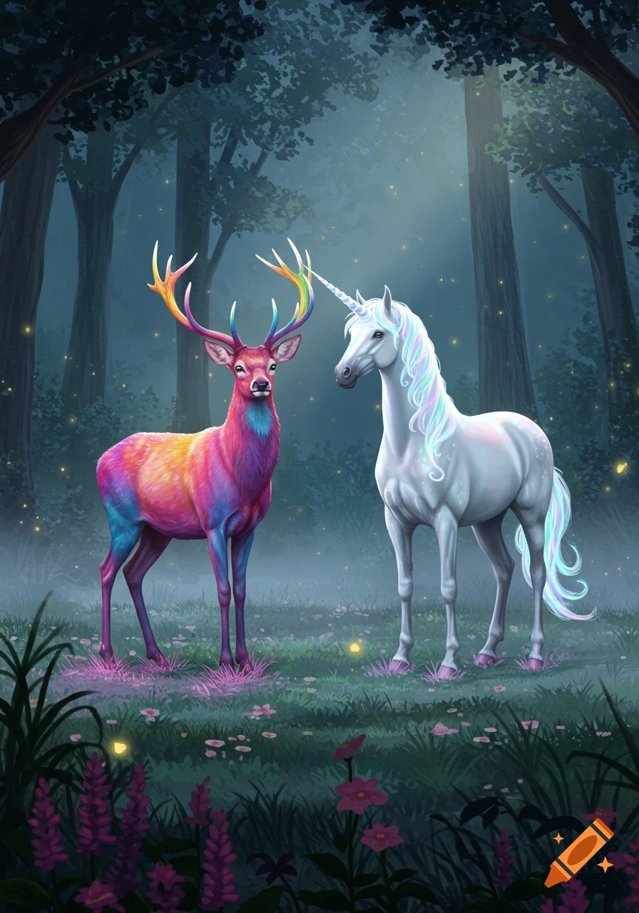 A rainbow-colored deer with rainbow antlers and a white unicorn with a rainbow mane stand in a mystical, dark forest with glowing fireflies and colorful flowers.