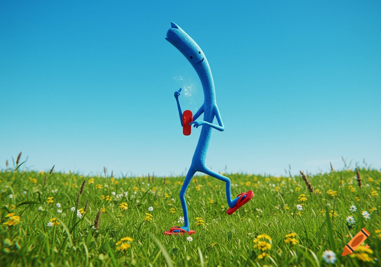 A long blue stick-like character with a smiling face walks through a vibrant green field under a clear blue sky, wearing red flip-flops.