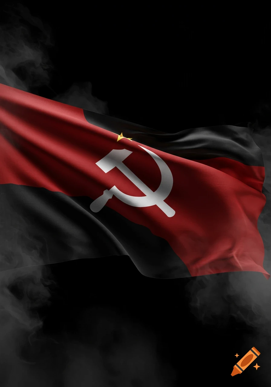 A red and black flag with a white hammer and sickle and a yellow star, waving against a smoky black background.