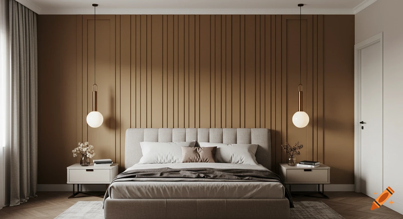 Modern bedroom with a brown slat panel feature wall, a gray bed, and two nightstands with pendant lights.