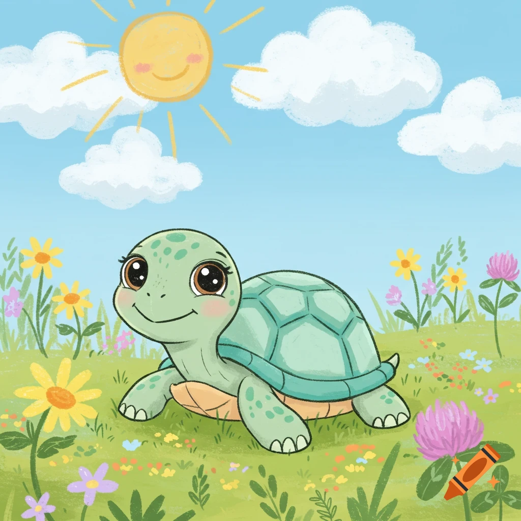 A cute cartoon baby turtle with big eyes smiles in a colorful meadow under a smiling sun and clouds.