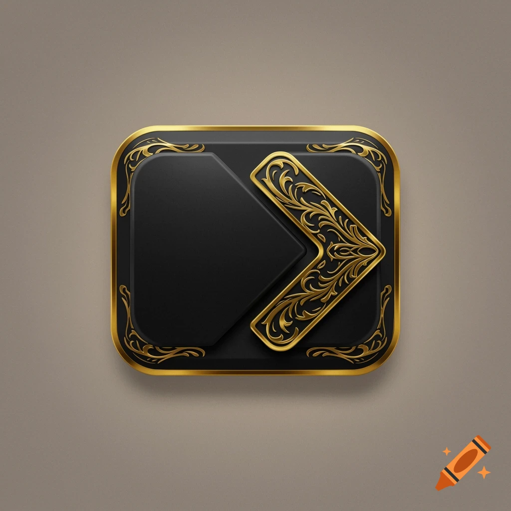 A black game UI arrow button with intricate gold filigree, on a plain background.