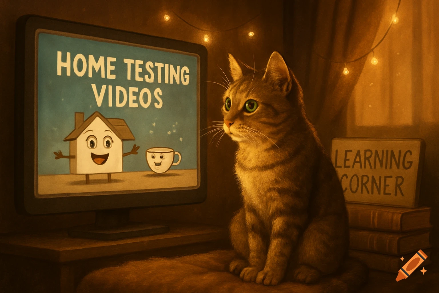 A domestic cat with green eyes sits intently watching a computer monitor displaying "HOME TESTING VIDEOS" next to a sign that reads "LEARNING CORNER" in a warmly lit room.