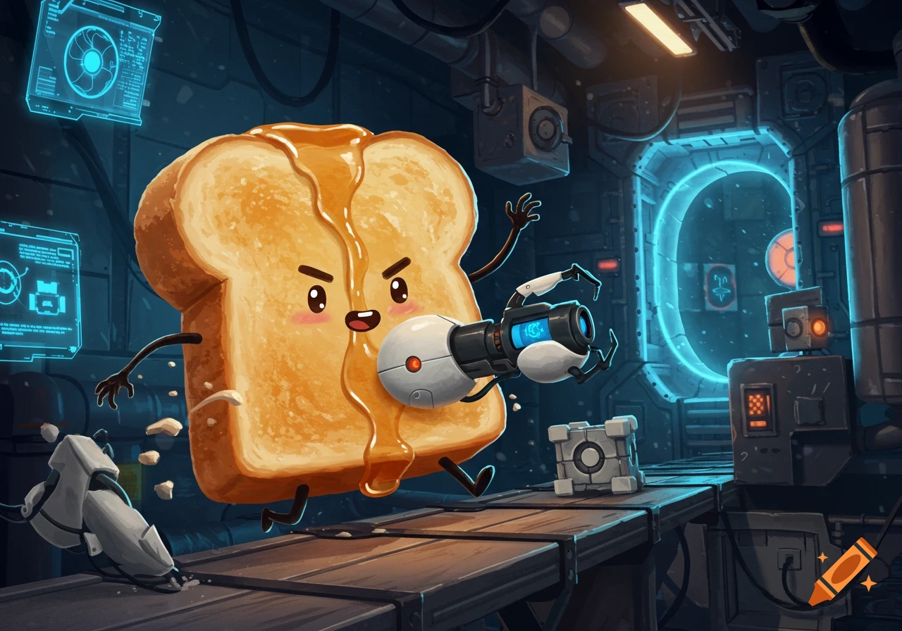 A cartoon piece of French toast with syrup, holding a Portal gun, runs through a sci-fi lab setting from the game Portal, with a Companion Cube nearby.