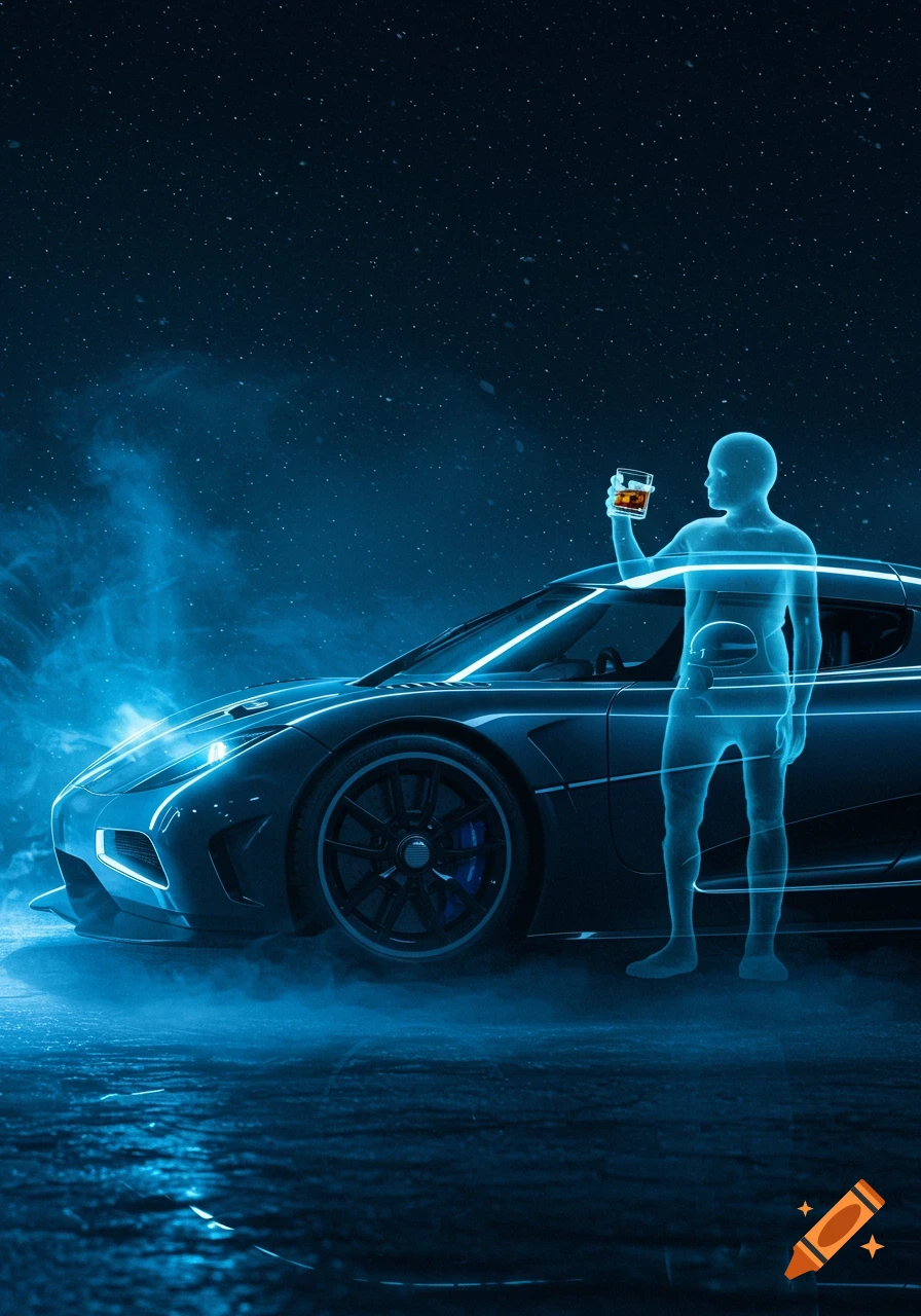 A glowing blue silhouette of a person holding a drink stands next to a sleek black sports car under a starry night sky with blue mist.