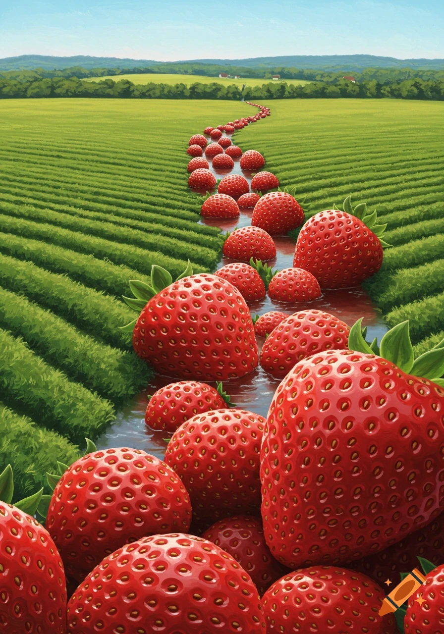 Giant strawberries fill a stream flowing through a lush green field under a blue sky, like a whimsical river of fruit.