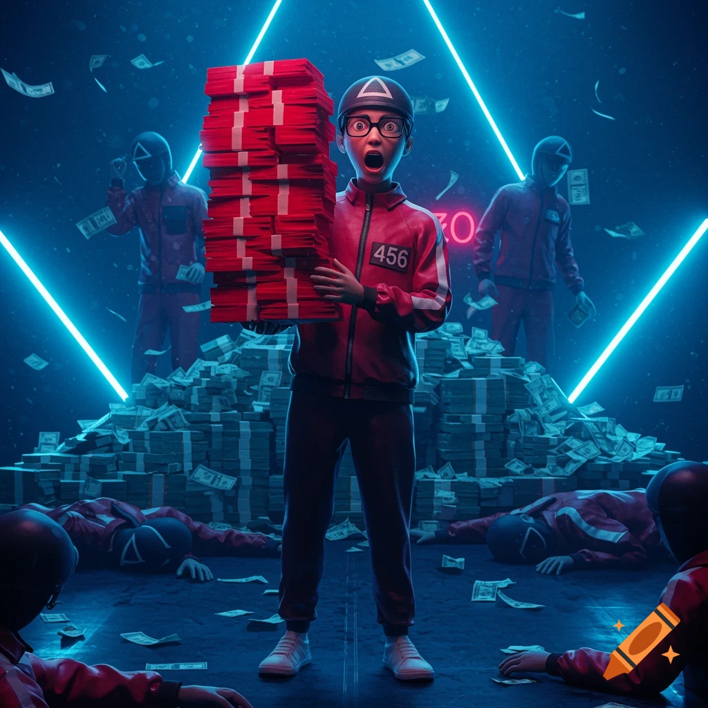 A stylized 3D render of Squid Game player 456 in a red tracksuit, wide-eyed and holding a massive stack of red money bundles. Piles of cash and defeated guards are scattered around a dark room with neon blue lights.