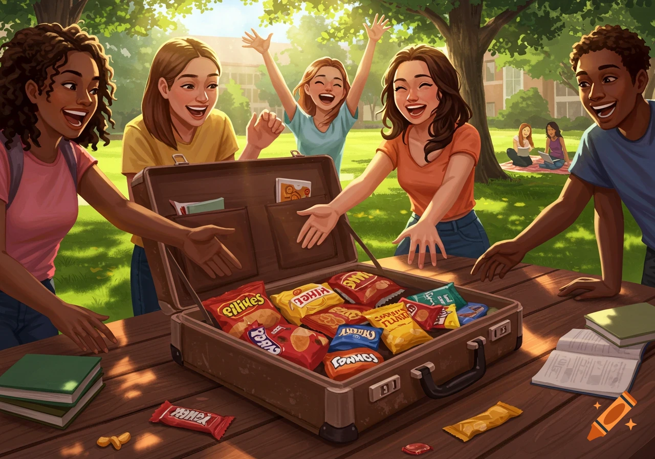 A diverse group of cheerful college students gathered around an open briefcase overflowing with various snack bags on a wooden table outdoors.